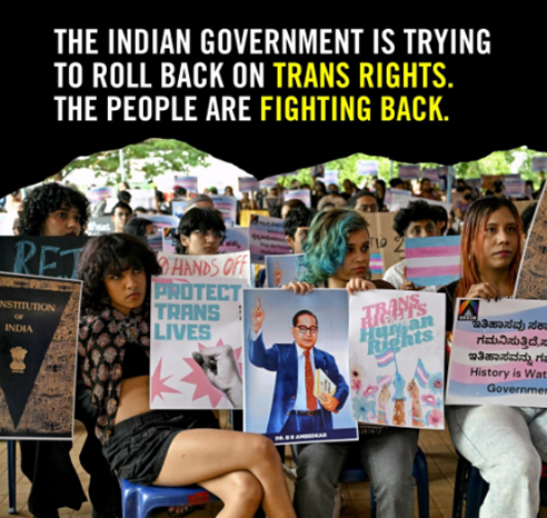 A picture of protesters against the Indian government's roll back of trans rights.