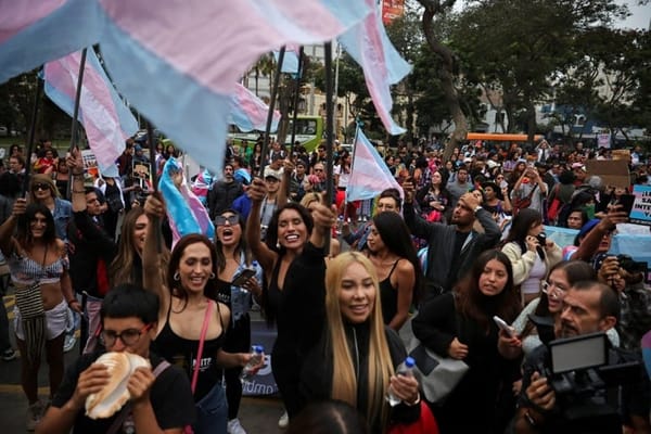 Photo of trans women protesting in Peru. Several trans blue and pink flags are being held.