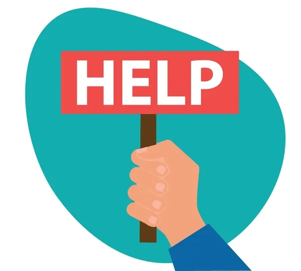 Image of a white hand holding up a sign that says "Help."